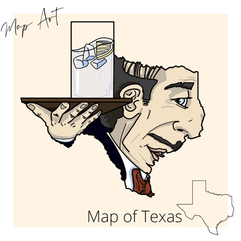 A waiter and a glass of water in the shape of Texas